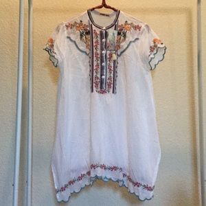 Johnny Was sheer white embroidered Moji tunic